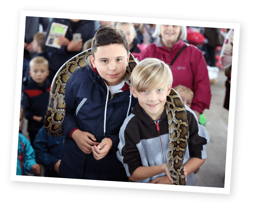 Two boys holding reptiles