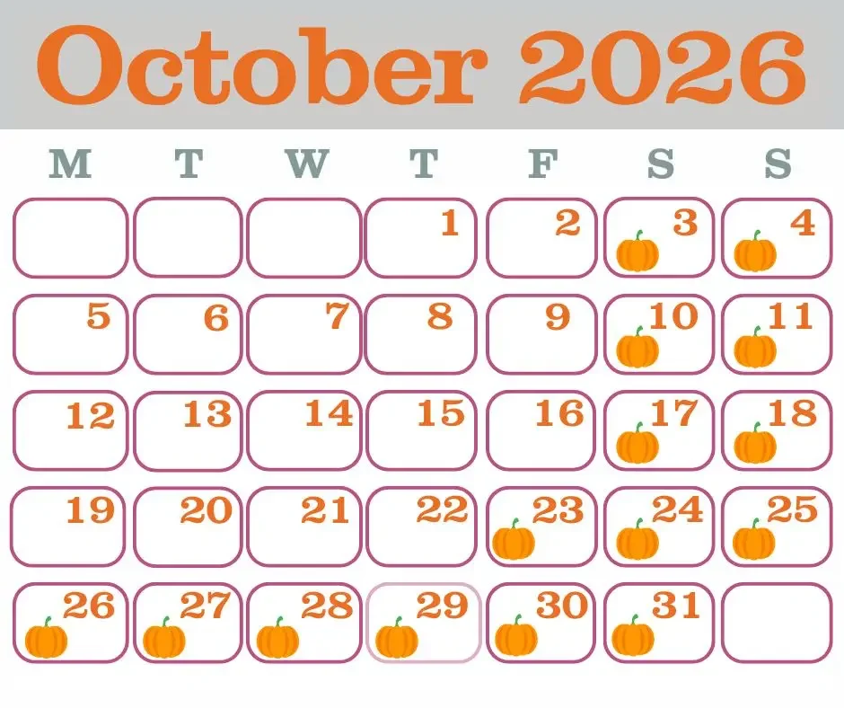 Pyo pumpkins 2026 calendar